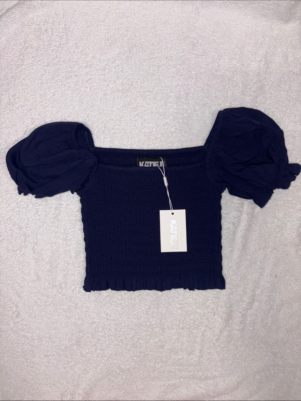 Katie J NYC Marlee Navy Puff-Sleeve Smocked Crop Top large 12